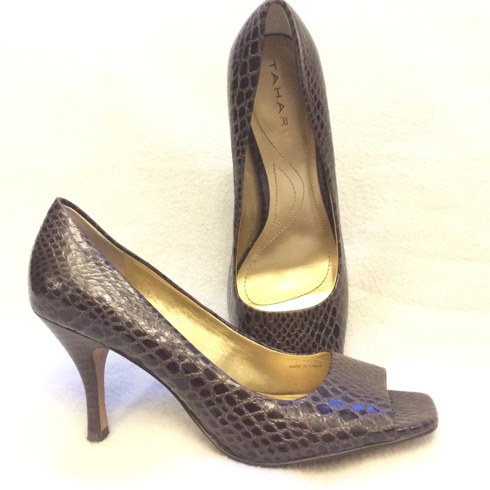 Tahari Riddle open square toe faux snakeskin heels